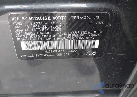2024 Mitsubishi Mirage Es/Le from USA, damaged, VIN ML32AUHJ7RH022590